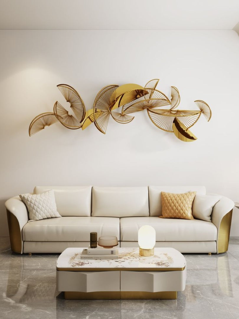 Elegant Gold-Finished Abstract Wall Art Sculpture - gold-finished metal furniture for living room wall - view 2 | Kraft Vision
