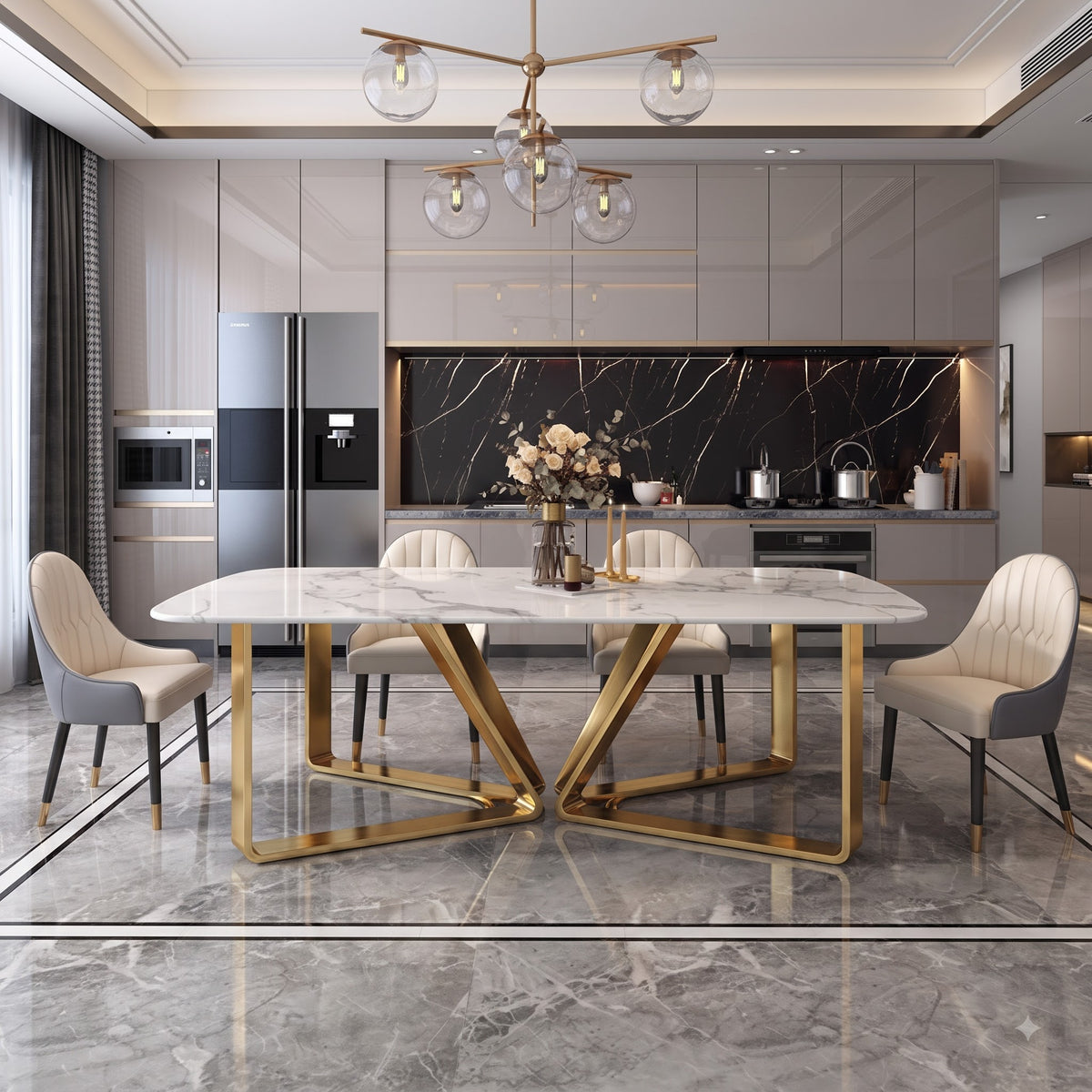 Luxury White Marble Dining Table with Gold Metal Base & Upholstered Chairs