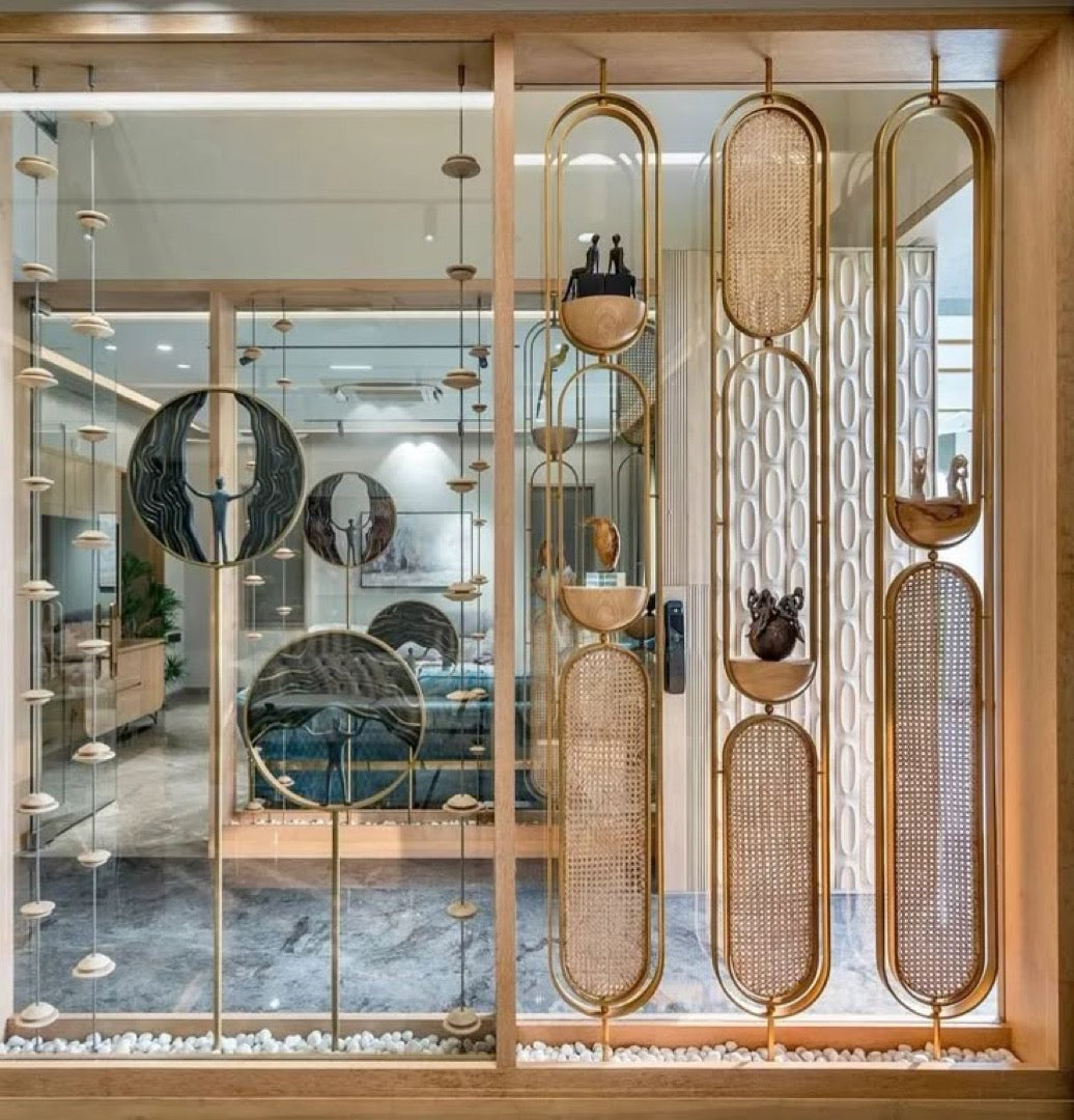 Stylish Gold & Wood Partition with Decorative Elements - gold-finished metal furniture for living room | Kraft Vision