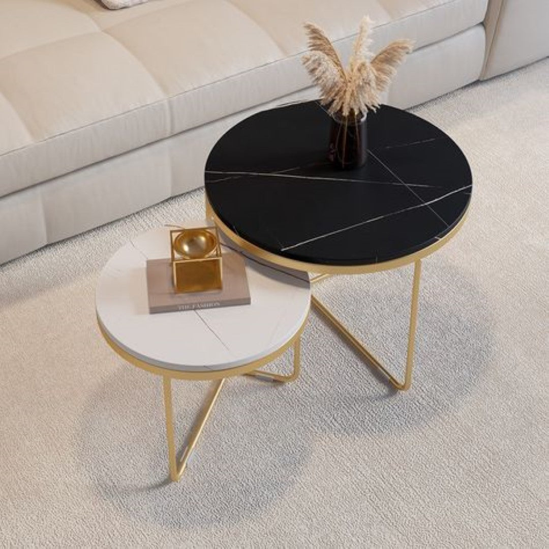 The Spider Table Set of 2 Nesting Coffee Tables - Gold with White and Black Stone Combo (Stainless Steel)"