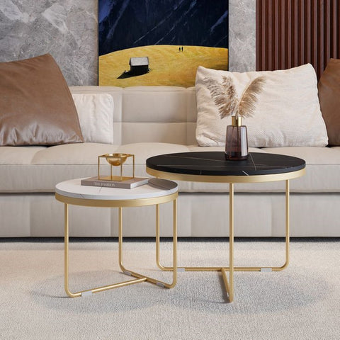 The Spider Table Set of 2 Nesting Coffee Tables - Gold with White and Black Stone Combo (Stainless Steel)"