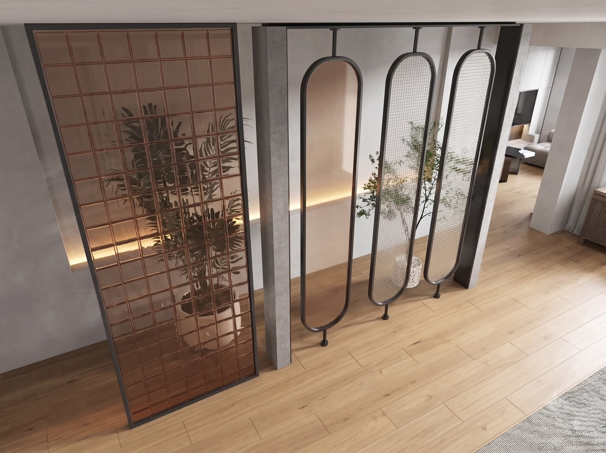Luxury Black Frame Room Divider with Bronze & Textured Glass Panels – Modern Designer Partition | Kraft Vision