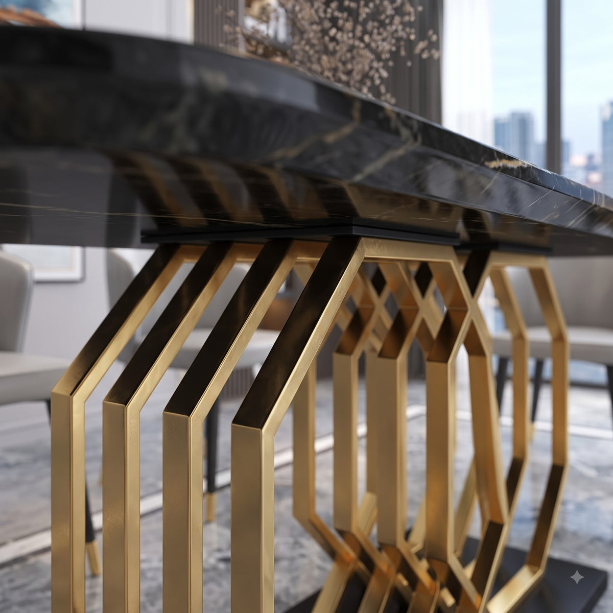 Premium Black Marble Dining Table Set with Geometric Gold Base and Modern Grey Chairs