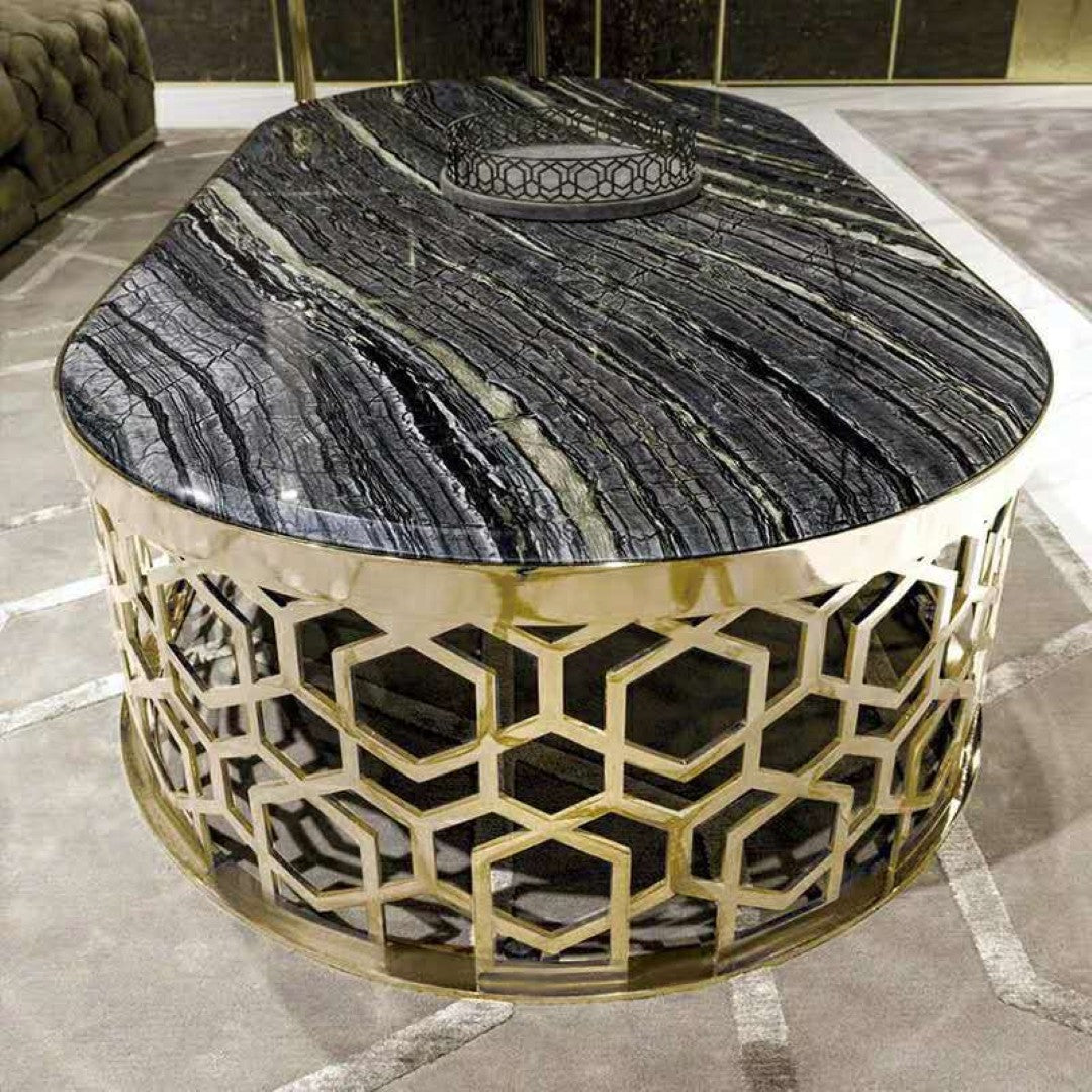 Luxury Black Marble Coffee Table with Golden Geometric Metal Base - marble center table for living room - view 2 | Kraft Vision