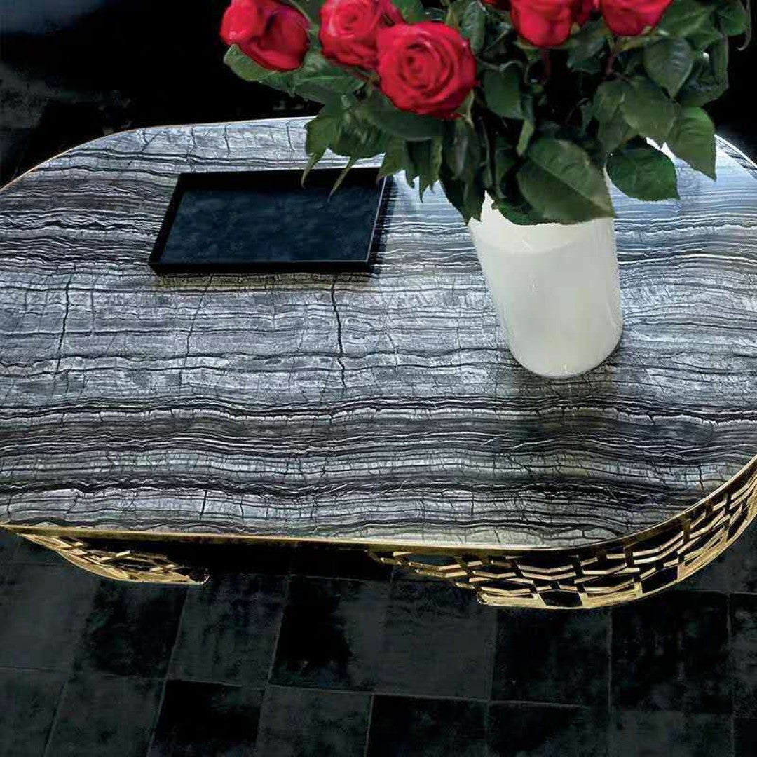 Luxury Black Marble Coffee Table with Golden Geometric Metal Base - marble center table for living room - view 3 | Kraft Vision
