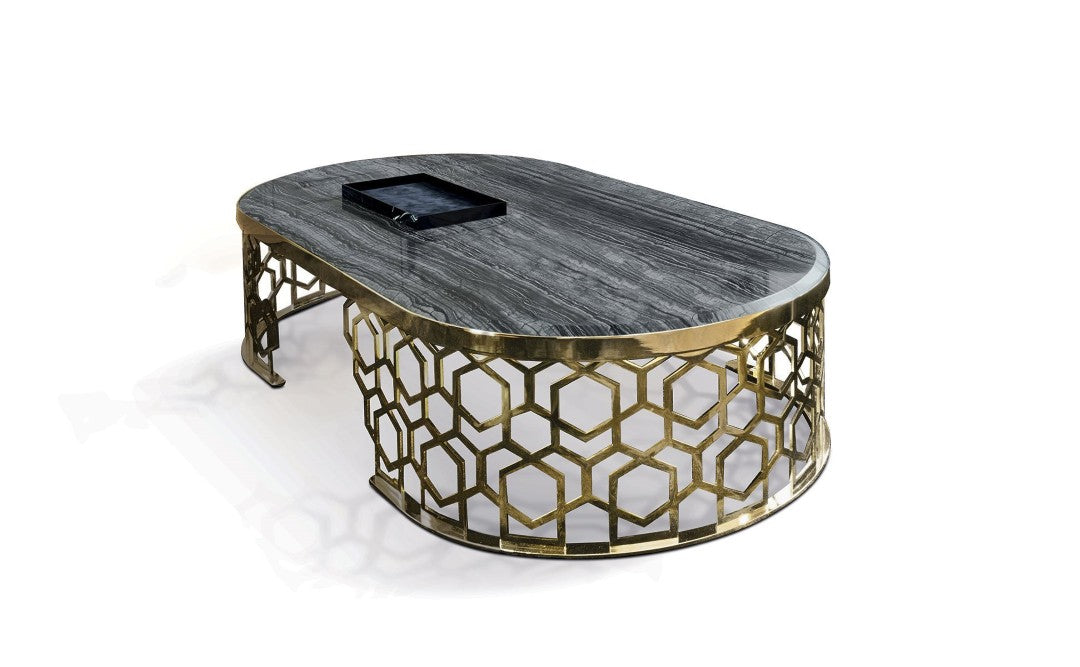 Luxury Black Marble Coffee Table with Golden Geometric Metal Base - marble center table for living room - view 4 | Kraft Vision
