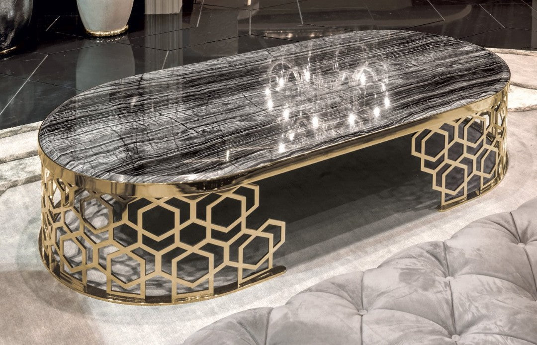 Luxury Black Marble Coffee Table with Golden Geometric Metal Base - marble center table for living room - view 5 | Kraft Vision