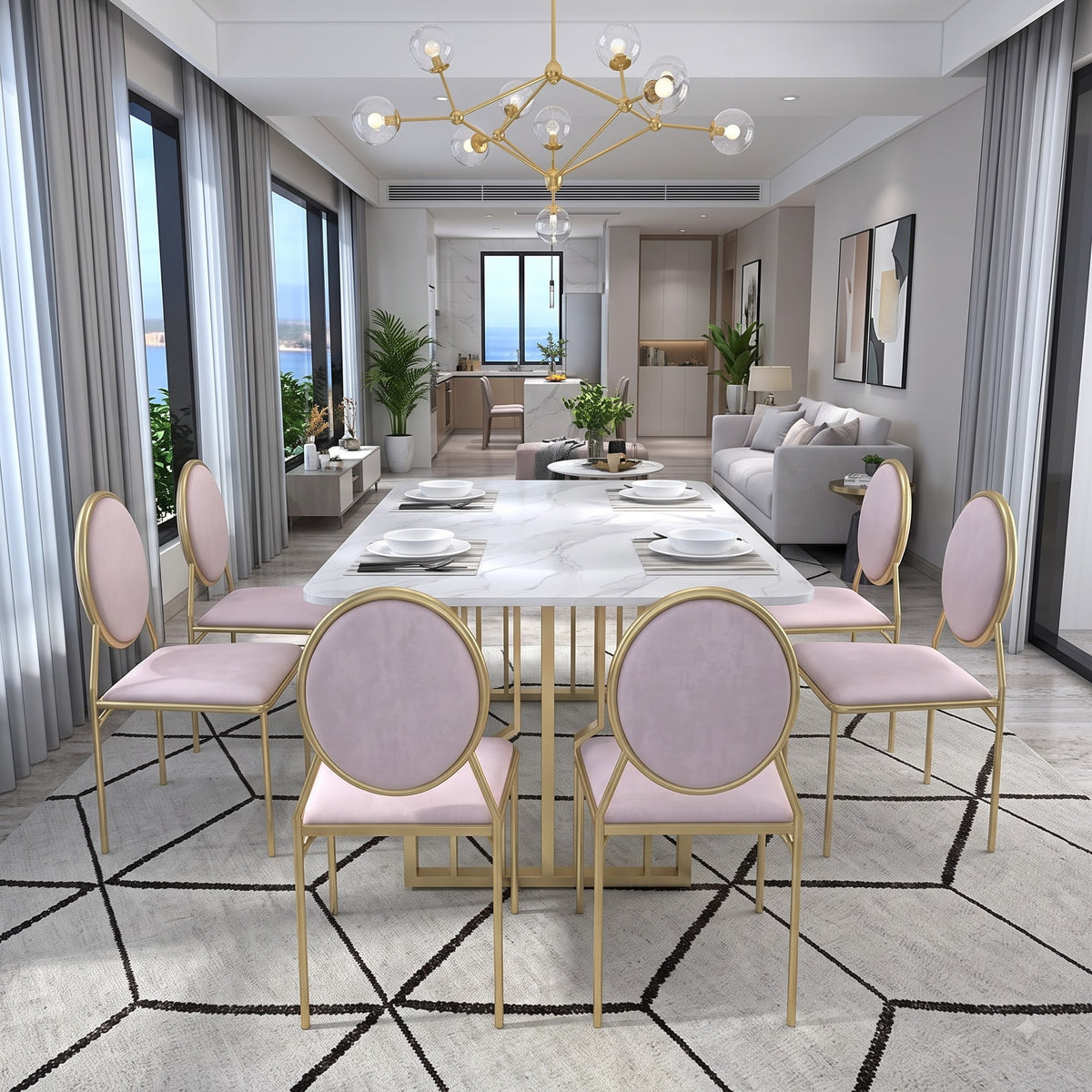 Luxury White Marble Dining Table Set with Gold Geometric Base and Pink Upholstered Chairs