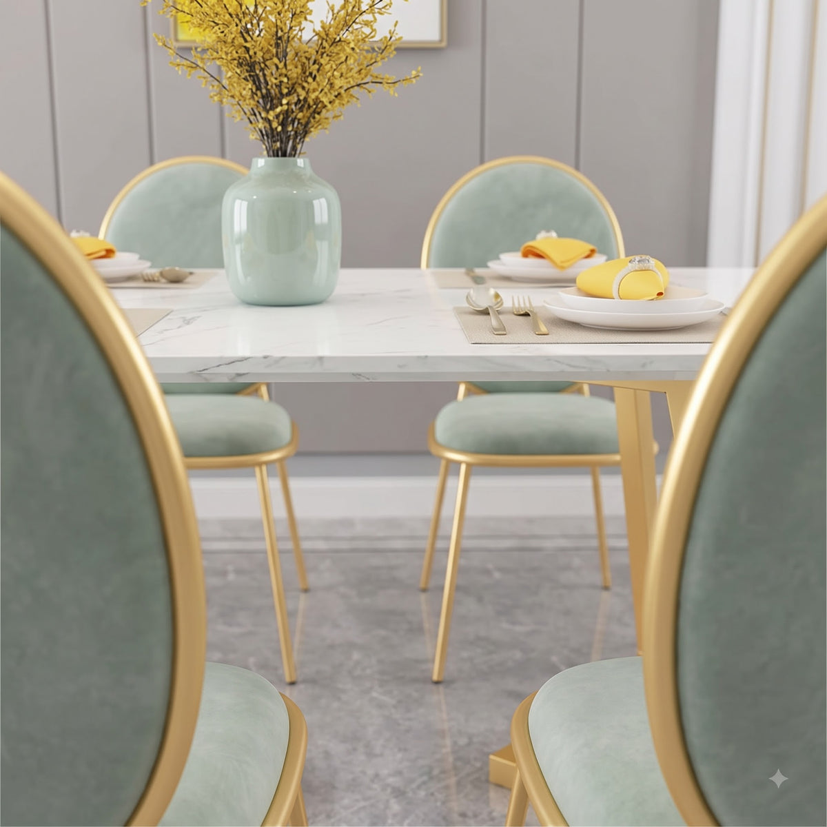 Luxury White Marble Dining Table with Gold Geometric Legs and Sage Green Chairs
