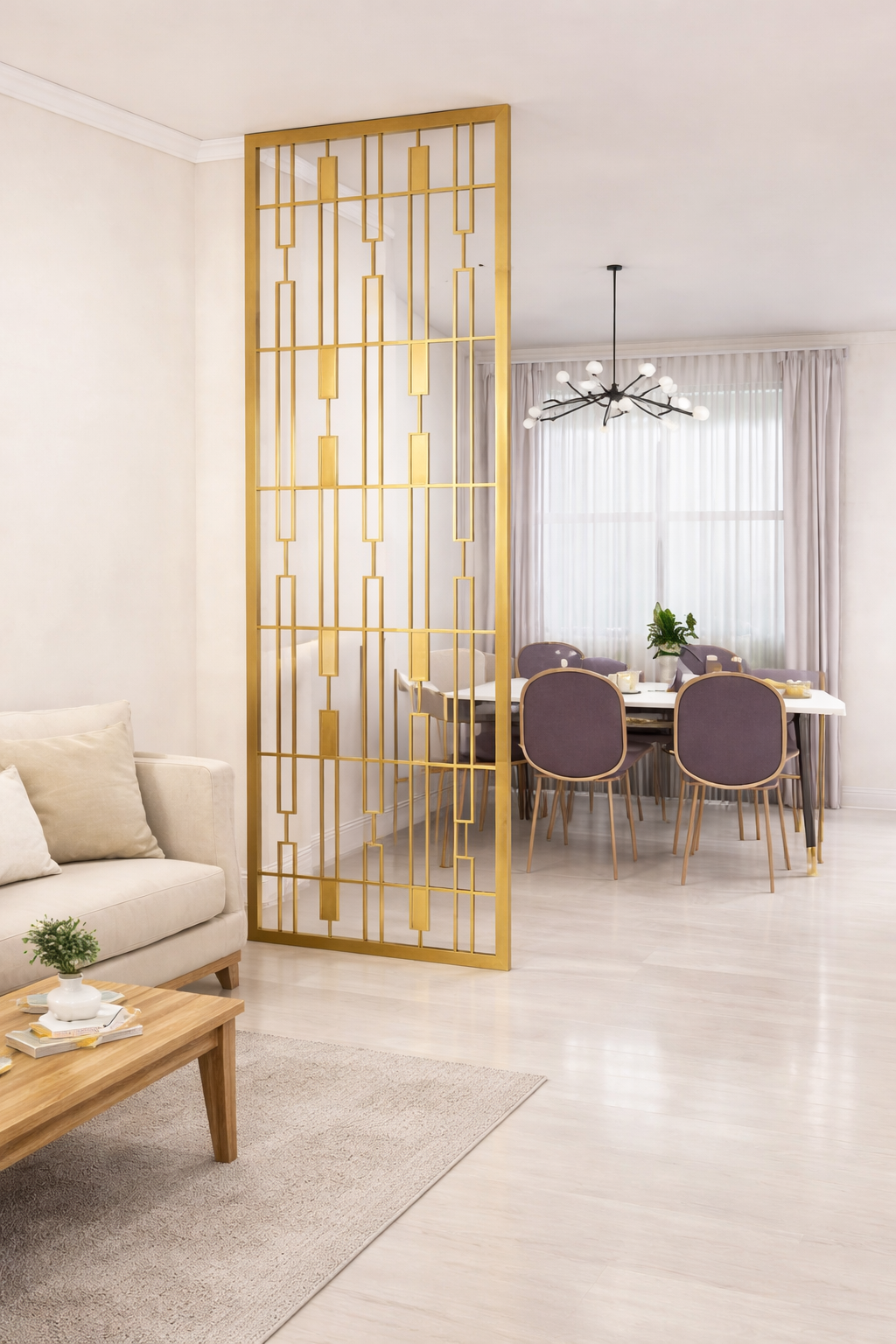 Modern Interior Gold Partition Divider - gold-finished metal Room Divider for living room - view 2 | Kraft Vision