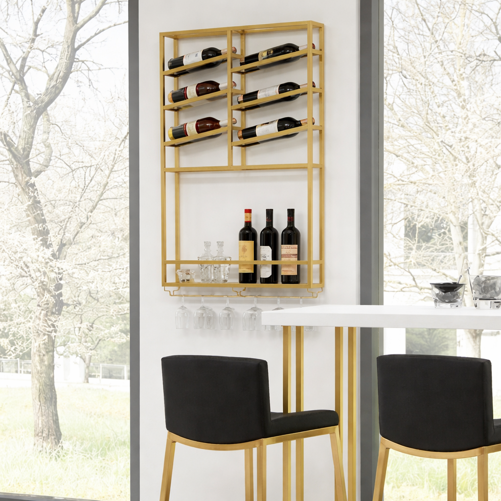 Modern Gold Geometric Wall-Mounted Wine Rack & Storage Shelf - gold-finished metal furniture for modern Indian home - view 2 | Kraft Vision