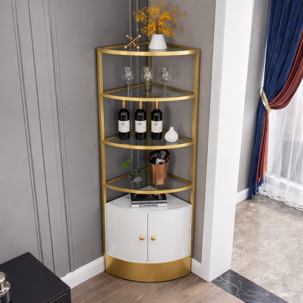 Elegant Gold Corner Display Cabinet with Open Shelving & Storage Base - gold-finished metal furniture for modern Indian home - view 2 | Kraft Vision