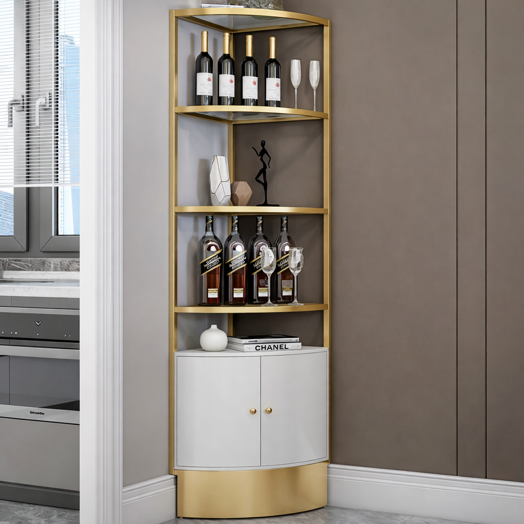 Elegant Gold Corner Display Cabinet with Open Shelving & Storage Base - gold-finished metal furniture for modern Indian home - view 1 | Kraft Vision