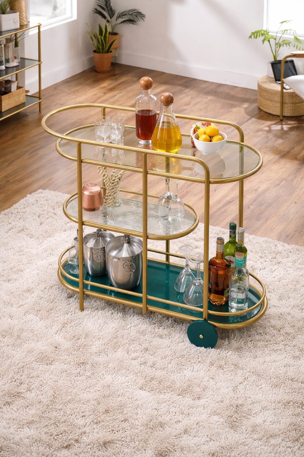 Elite Gold Oval Bar Cart with Triple Tier Display & Rolling Wheels - gold-finished metal furniture for modern Indian home - view 2 | Kraft Vision