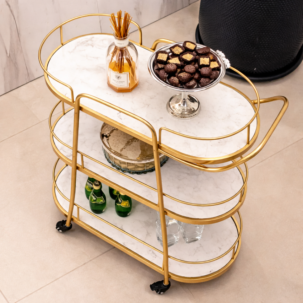 Modern Gold 3-Tier Marble Bar Cart with Rolling Casters - marble bar Trolley for living room bar - view 2 | Kraft Vision