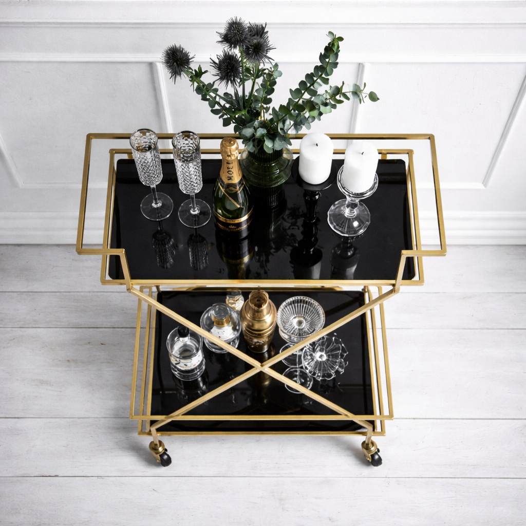 Chic Gold Bar Trolley Flat Lay - gold-finished metal bar Trolley for living room bar - view 2 | Kraft Vision