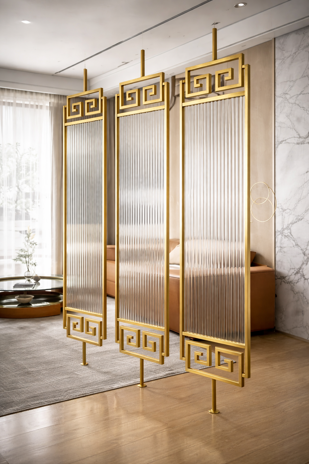 Luxury Golden Frame Geometric Room Divider with Ribbed Glass & Mirror Accents - gold-finished metal Room Divider for entryway or bedroom - view 2 | Kraft Vision