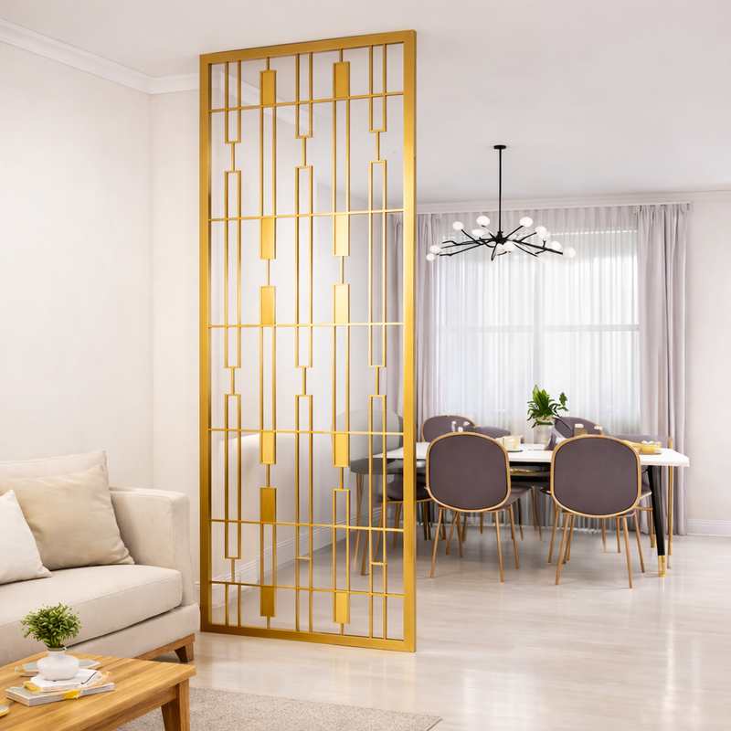 Modern Interior Gold Partition Divider - gold-finished metal Room Divider for living room - view 1 | Kraft Vision