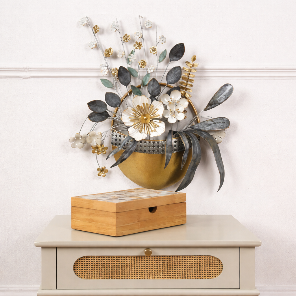 Posy Floral Vase Metal Wall Art – Grey, White & Gold Finish - gold-finished metal wall art for living room wall - view 1 | Kraft Vision