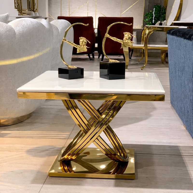 Luxury Marble Top Side Table with Golden Stainless Steel Base – Modern Accent Table - marble side table for living room - view 1 | Kraft Vision