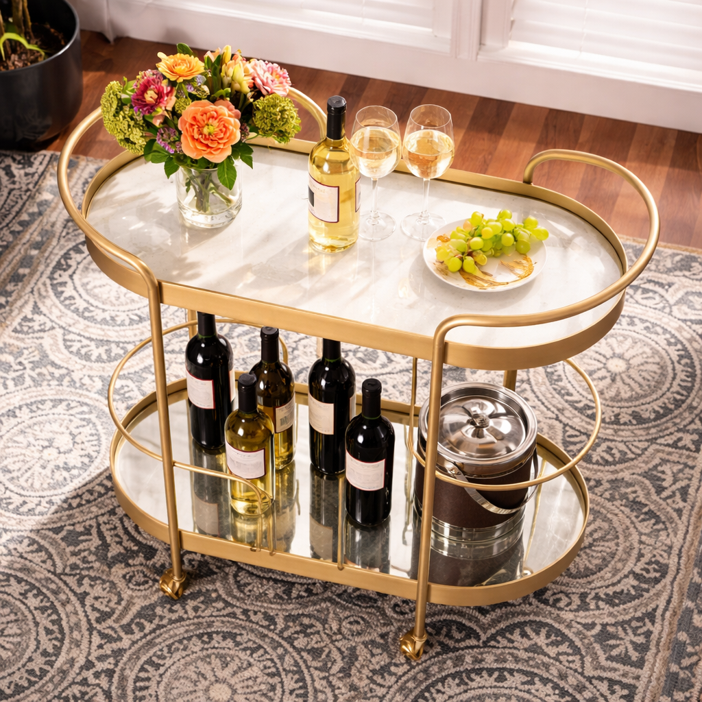 Vintage-Inspired Gold Bar Cart with Dual Shelves & Wine Holder - gold-finished metal bar Trolley for living room bar - view 1 | Kraft Vision