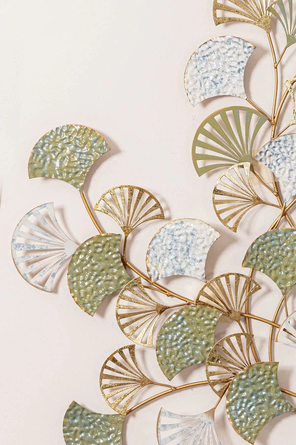 Climbing Leaf Metal Wall Art – Green, Blue & Gold Tones - gold-finished metal wall art for living room wall - view 3 | Kraft Vision