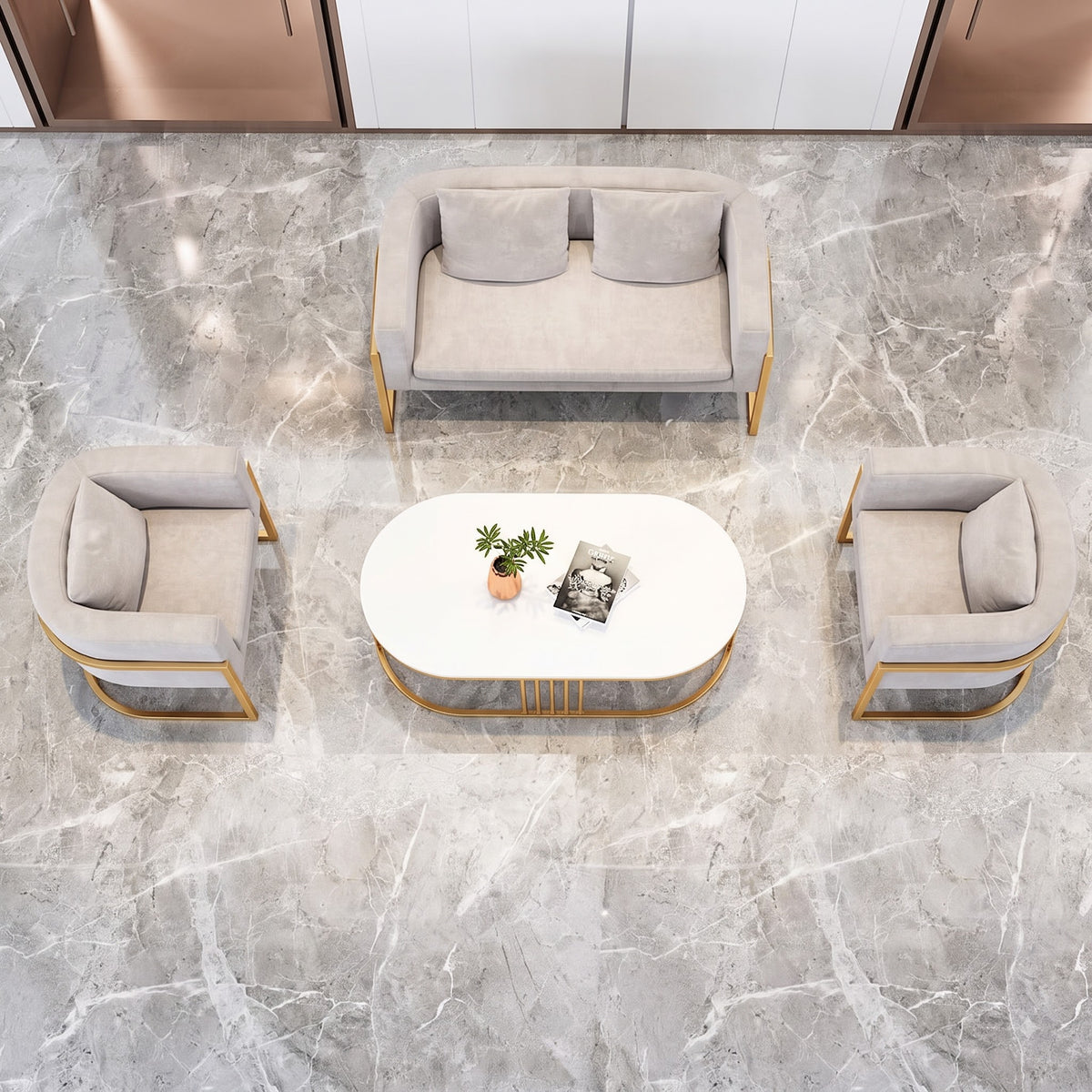 Luxury Modern Living Room Sofa Set with Gold Metal Frame and Oval Coffee Table