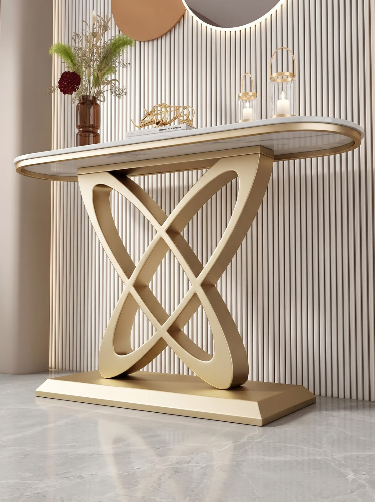 Luxury Gold Console Table with White Marble-Look Top and Sculptural Interlocking X-Shape Base – Modern Designer Entryway Table for Living Room, Hallway, Foyer and Luxury Home Decor