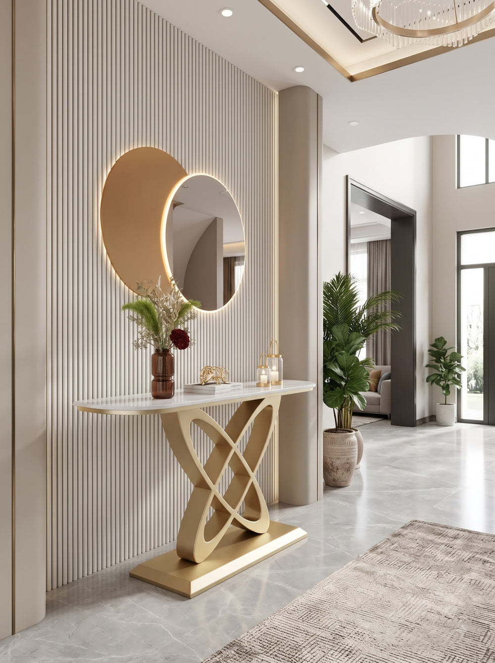 Luxury Gold Console Table with White Marble-Look Top and Sculptural Interlocking X-Shape Base – Modern Designer Entryway Table for Living Room, Hallway, Foyer and Luxury Home Decor