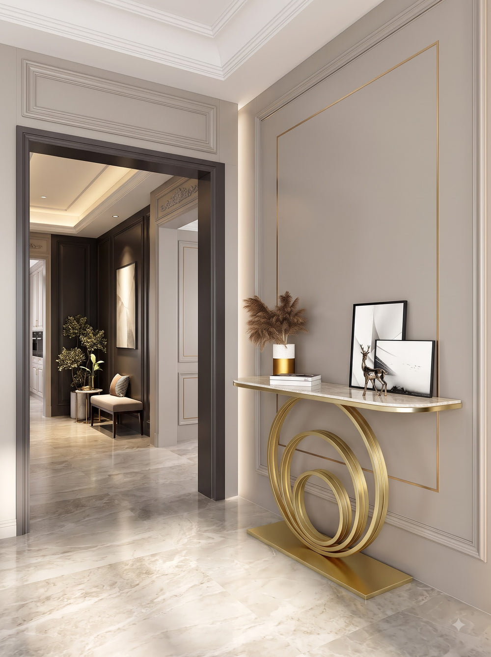 Luxury Gold Circular Console Table with Marble-Look Top and Sculptural Concentric Ring Base – Modern Designer Entryway Table for Living Room, Hallway, Foyer and Luxury Home
