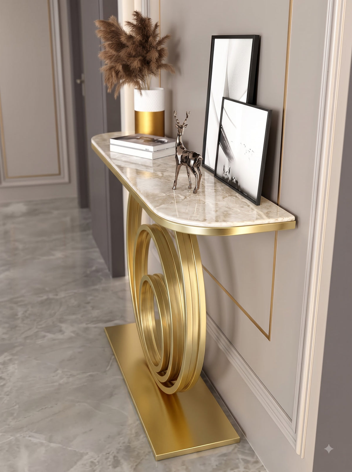 Luxury Gold Circular Console Table with Marble-Look Top and Sculptural Concentric Ring Base – Modern Designer Entryway Table for Living Room, Hallway, Foyer and Luxury Home