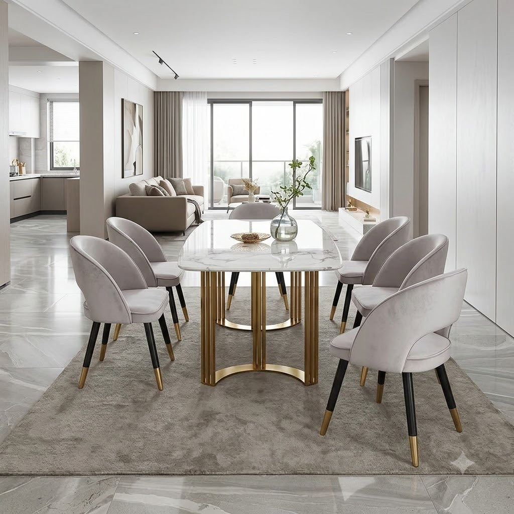 Modern Marble Dining Table Set with Gold Metal Legs and Elegant Upholstered Chairs