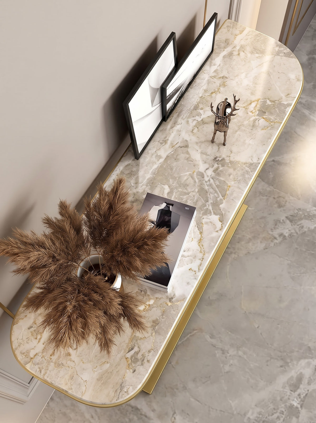Luxury Gold Circular Console Table with Marble-Look Top and Sculptural Concentric Ring Base – Modern Designer Entryway Table for Living Room, Hallway, Foyer and Luxury Home