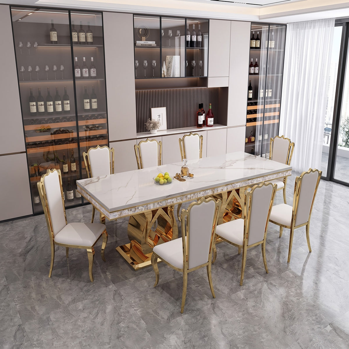 Luxury White Marble Dining Table with Sculptural Gold Metal Base and Matching Chairs