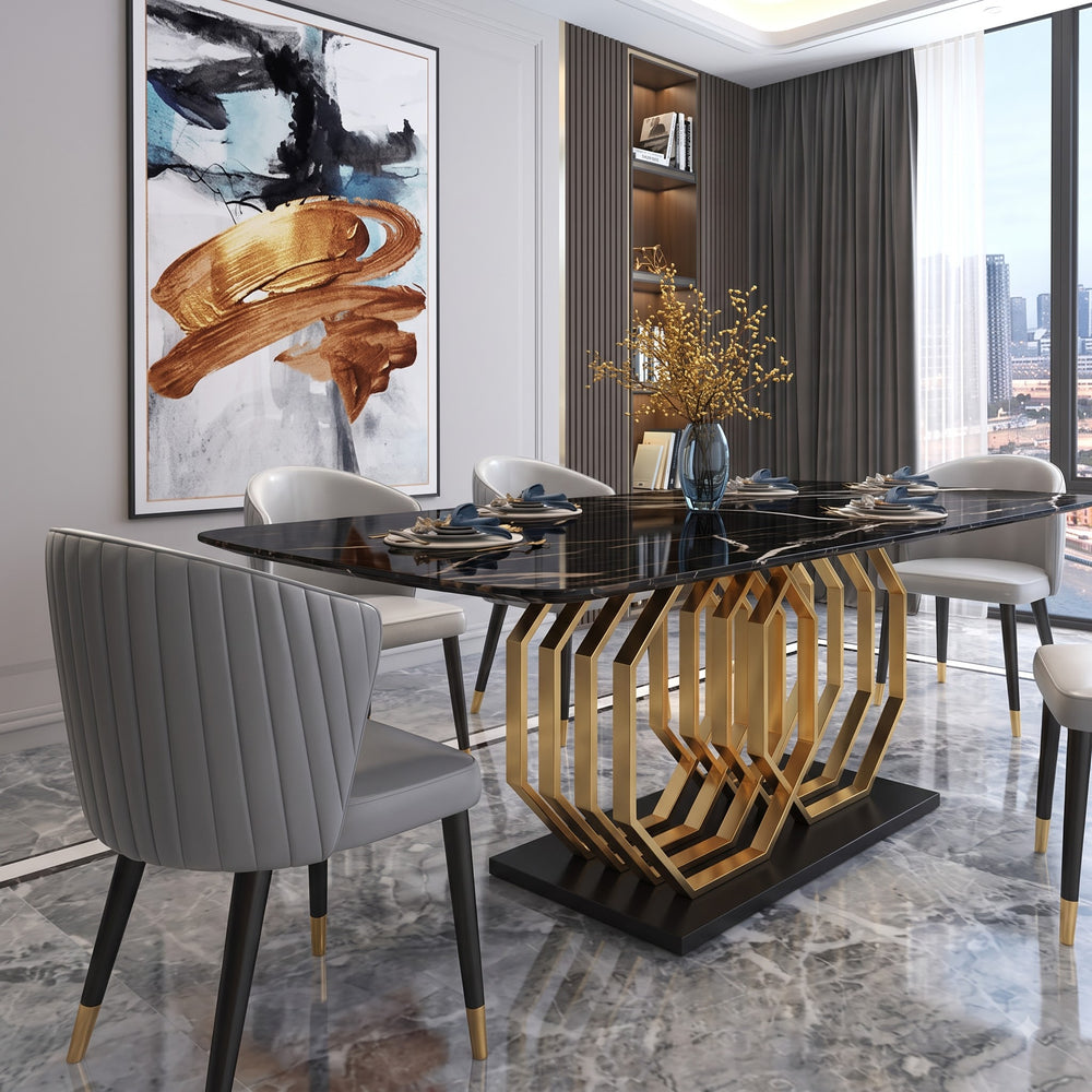 Premium Black Marble Dining Table Set with Geometric Gold Base and Modern Grey Chairs