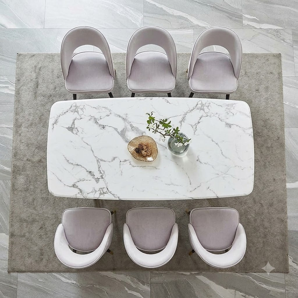 Modern Marble Dining Table Set with Gold Metal Legs and Elegant Upholstered Chairs