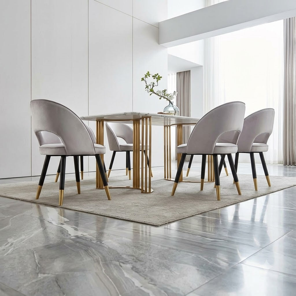 Modern Marble Dining Table Set with Gold Metal Legs and Elegant Upholstered Chairs