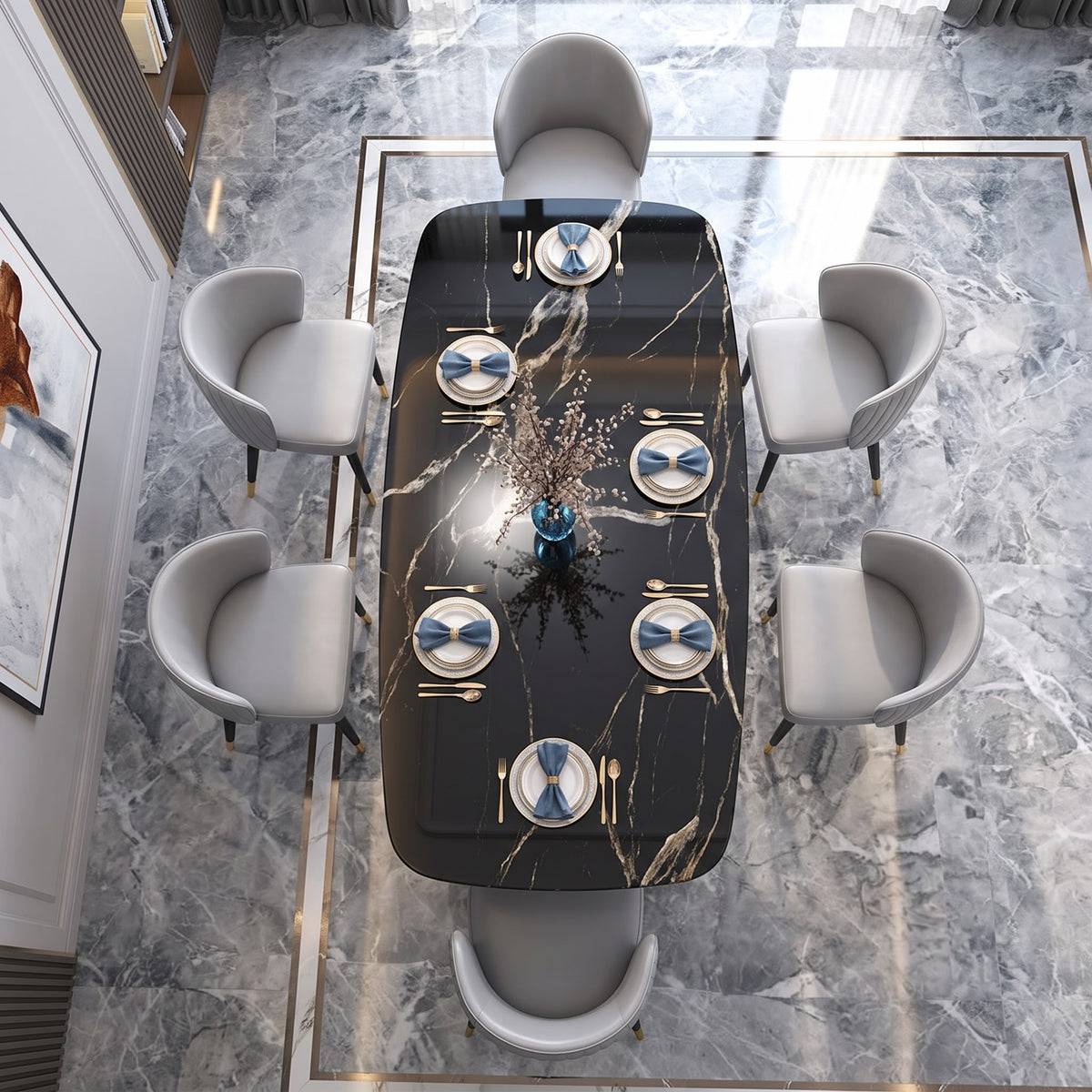 Premium Black Marble Dining Table Set with Geometric Gold Base and Modern Grey Chairs