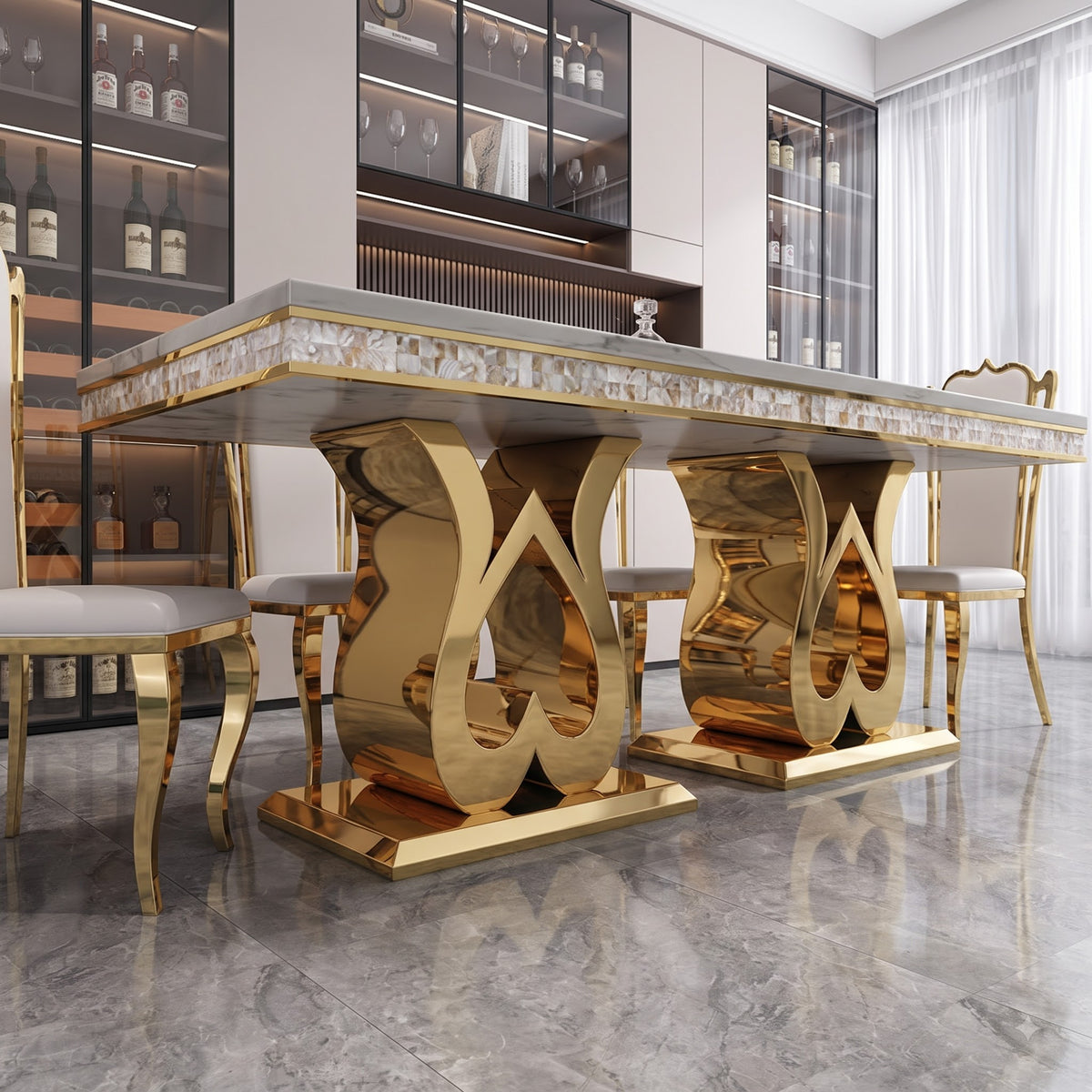 Luxury White Marble Dining Table with Sculptural Gold Metal Base and Matching Chairs