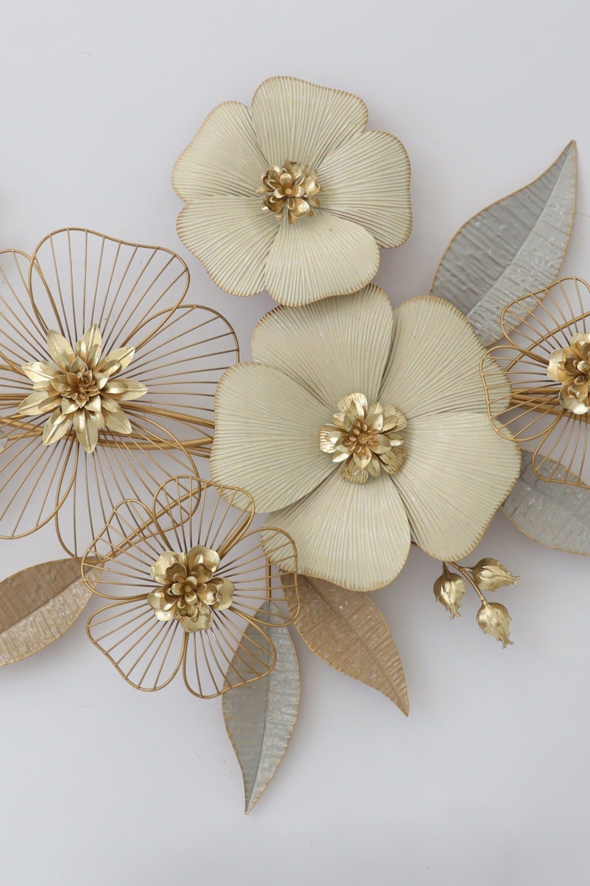 Floral and Leaf Metal Wall Art – Cream & Gold Decorative Design - gold-finished metal wall art for living room wall - view 2 | Kraft Vision