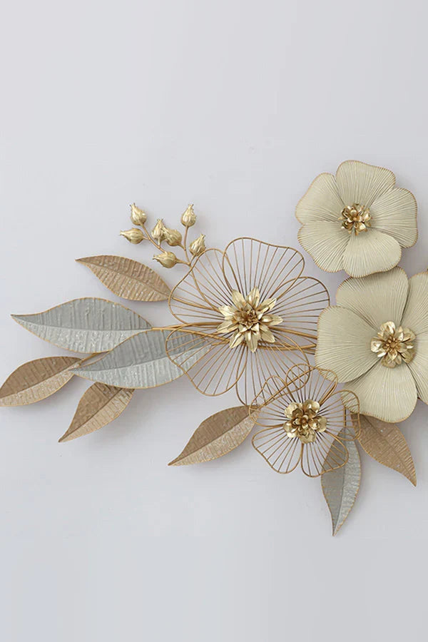 Floral and Leaf Metal Wall Art – Cream & Gold Decorative Design - gold-finished metal wall art for living room wall - view 4 | Kraft Vision