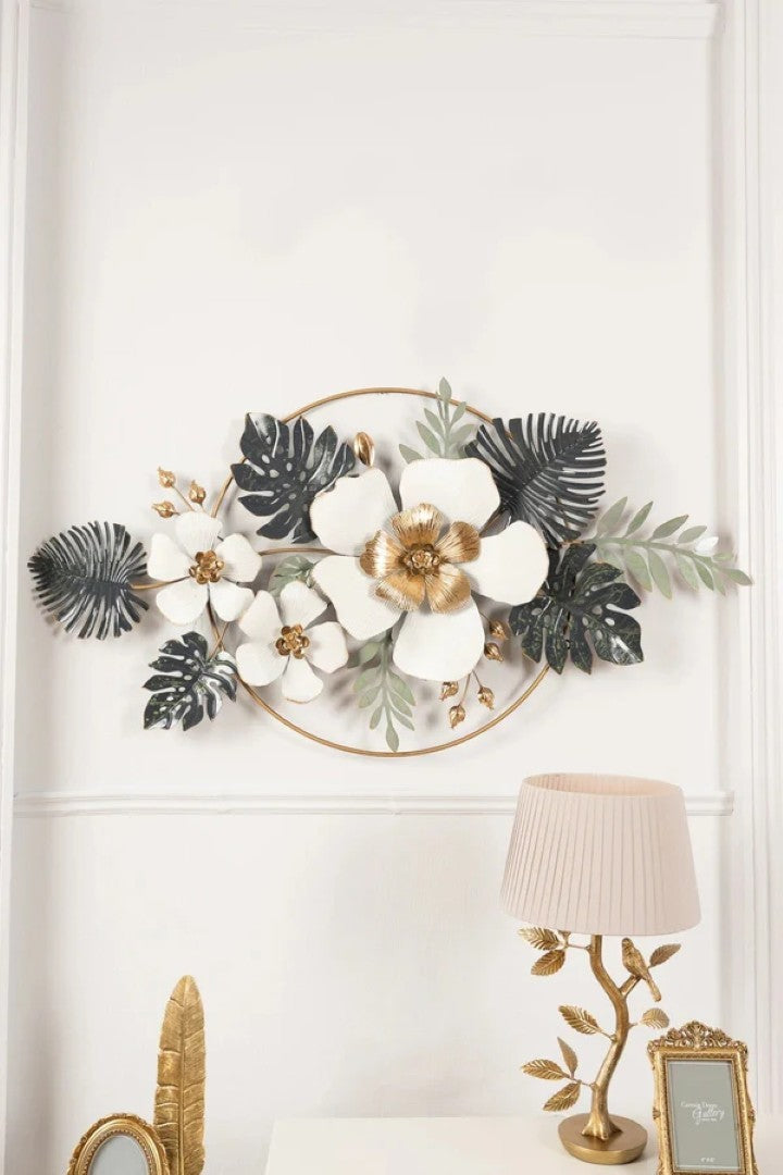 Luxury Floral Metal Wall Art – White & Gold Flowers with Tropical Leaves - gold-finished metal wall art for living room wall - view 2 | Kraft Vision
