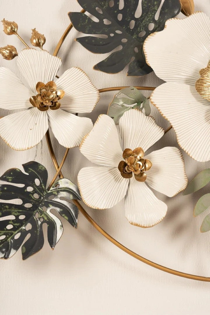 Luxury Floral Metal Wall Art – White & Gold Flowers with Tropical Leaves - gold-finished metal wall art for living room wall - view 3 | Kraft Vision