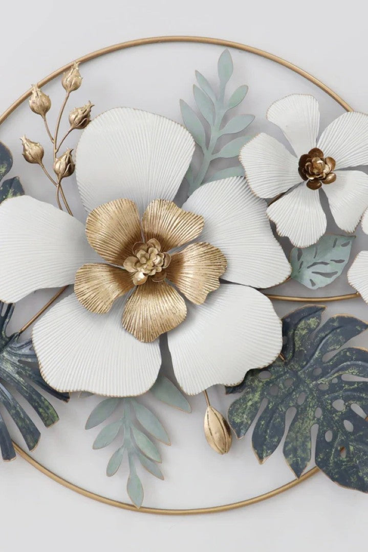 Luxury Floral Metal Wall Art – White & Gold Flowers with Tropical Leaves - gold-finished metal wall art for living room wall - view 4 | Kraft Vision