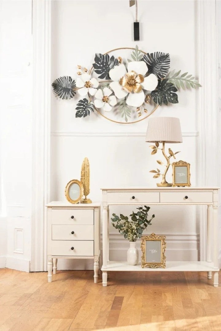 Luxury Floral Metal Wall Art – White & Gold Flowers with Tropical Leaves - gold-finished metal wall art for living room wall - view 5 | Kraft Vision
