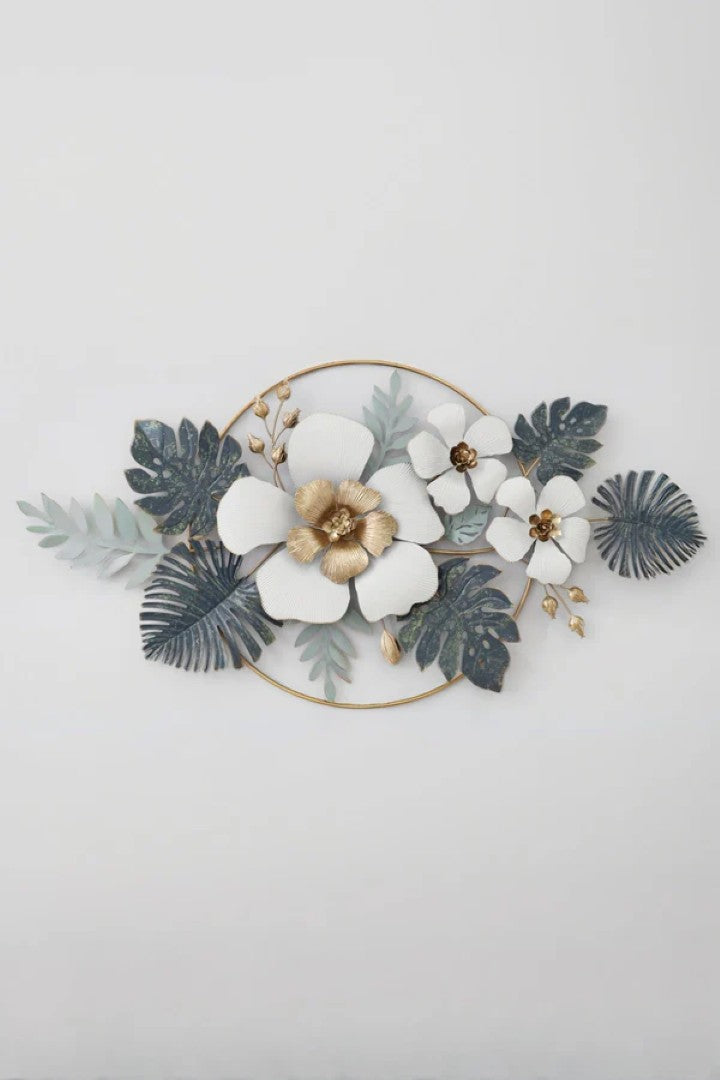 Luxury Floral Metal Wall Art – White & Gold Flowers with Tropical Leaves - gold-finished metal wall art for living room wall - view 6 | Kraft Vision