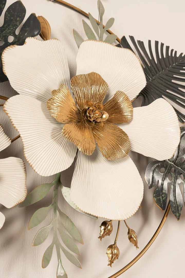 Luxury Floral Metal Wall Art – White & Gold Flowers with Tropical Leaves - gold-finished metal wall art for living room wall - view 7 | Kraft Vision