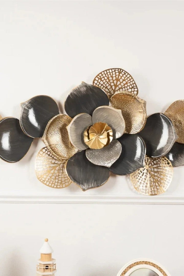 Floral Spray Metal Wall Art – Grey & Gold Finish - gold-finished metal wall art for living room wall - view 5 | Kraft Vision