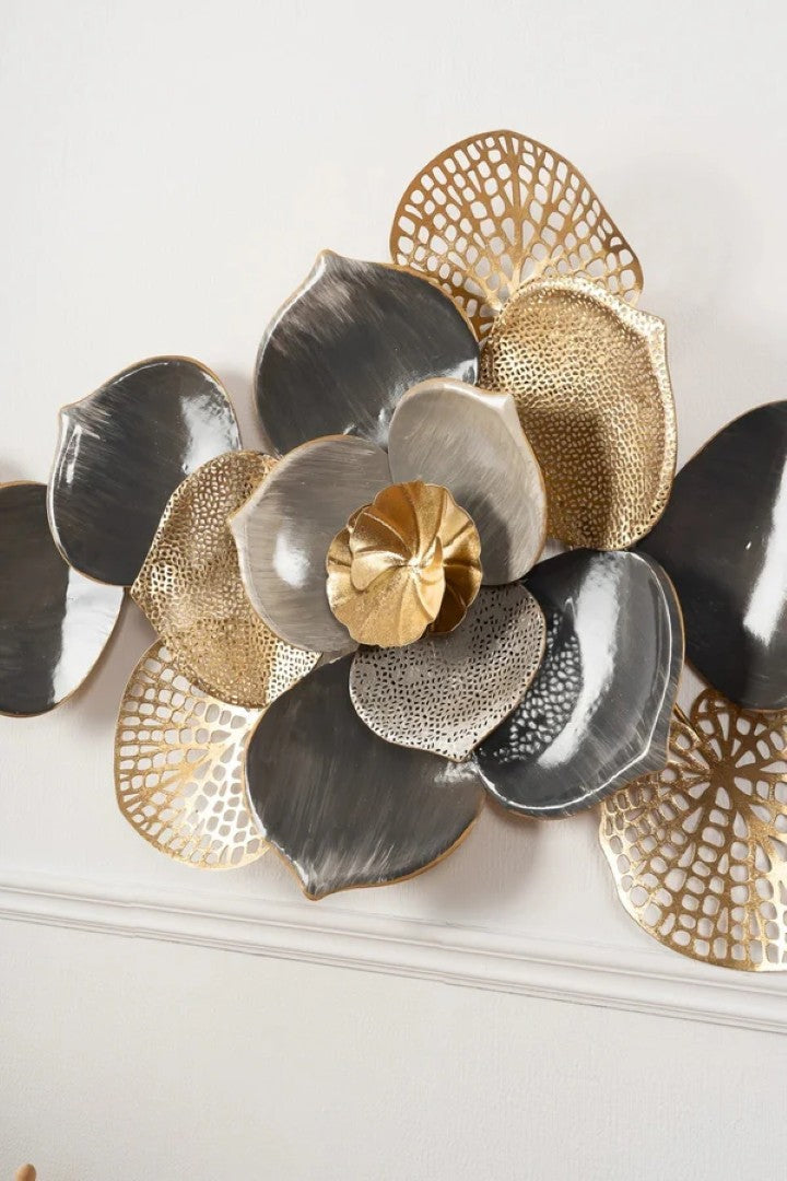 Floral Spray Metal Wall Art – Grey & Gold Finish - gold-finished metal wall art for living room wall - view 6 | Kraft Vision