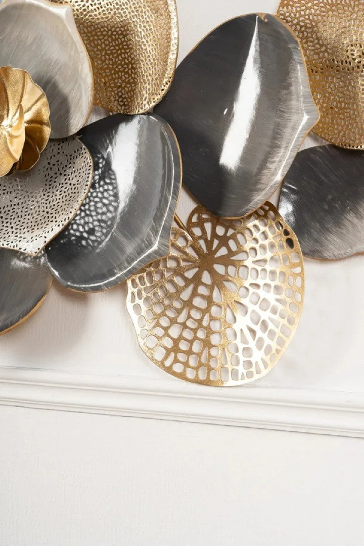 Floral Spray Metal Wall Art – Grey & Gold Finish - gold-finished metal wall art for living room wall - view 7 | Kraft Vision